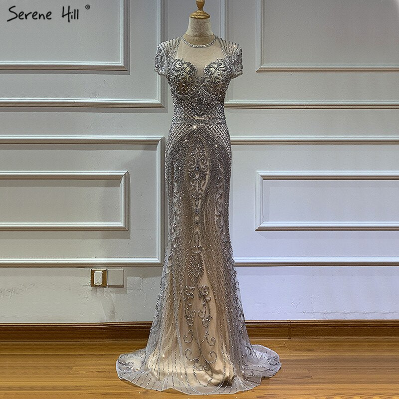 Dubai Grey Full Diamond Sexy Evening Dresses 2025 Cap Sleeve Luxury Mermaid Formal Dress LA60934
