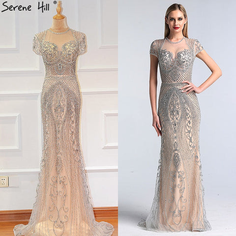 Vestido de noche sexy Dubai Grey Full Diamond 2025, vestido formal de sirena de lujo con mangas casquillo LA60934 