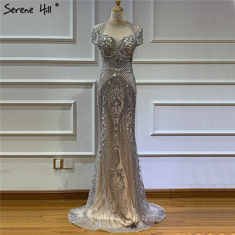 Vestido de noche sexy Dubai Grey Full Diamond 2025, vestido formal de sirena de lujo con mangas casquillo LA60934 