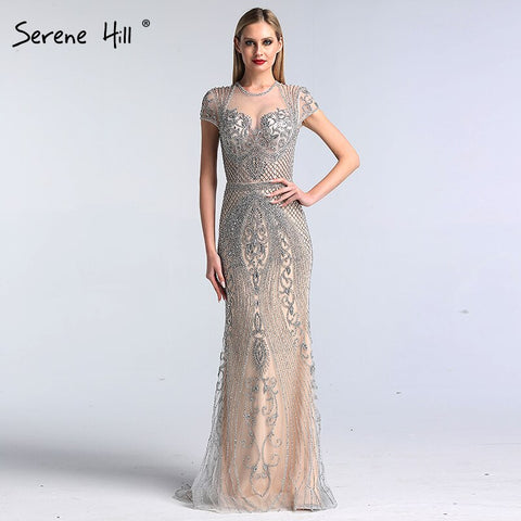 Vestido de noche sexy Dubai Grey Full Diamond 2025, vestido formal de sirena de lujo con mangas casquillo LA60934 