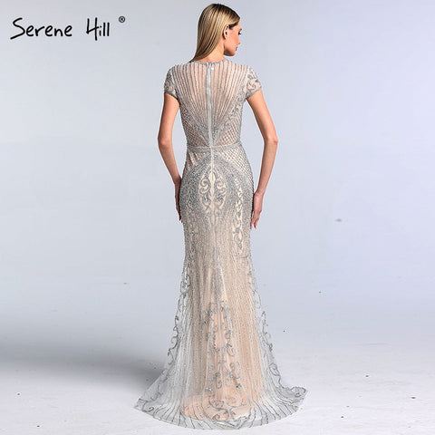 Vestido de noche sexy Dubai Grey Full Diamond 2025, vestido formal de sirena de lujo con mangas casquillo LA60934 
