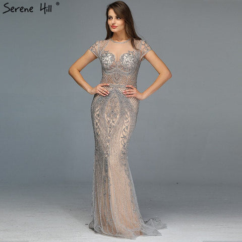 Vestido de noche sexy Dubai Grey Full Diamond 2025, vestido formal de sirena de lujo con mangas casquillo LA60934 