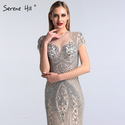 Vestido de noche sexy Dubai Grey Full Diamond 2025, vestido formal de sirena de lujo con mangas casquillo LA60934 