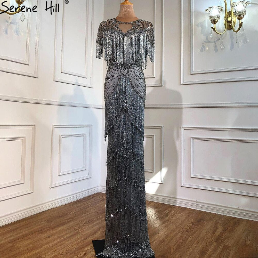 Dubai Grey Luxury Beading Tassel Evening Dresses 2025 Mermaid Short Sleeves Formal Dress LA70275