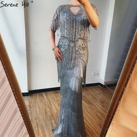 Robe de soirée de luxe grise à pampilles et perles, style sirène, manches courtes, style formel, Dubaï, LA70275, 2025 