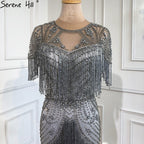 Dubai Grey Luxury Beading Tassel Evening Dresses 2025 Mermaid Short Sleeves Formal Dress LA70275