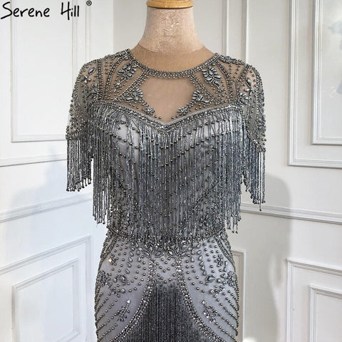 Robe de soirée de luxe grise à pampilles et perles, style sirène, manches courtes, style formel, Dubaï, LA70275, 2025 
