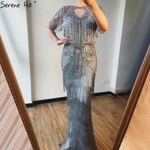 Robe de soirée de luxe grise à pampilles et perles, style sirène, manches courtes, style formel, Dubaï, LA70275, 2025 