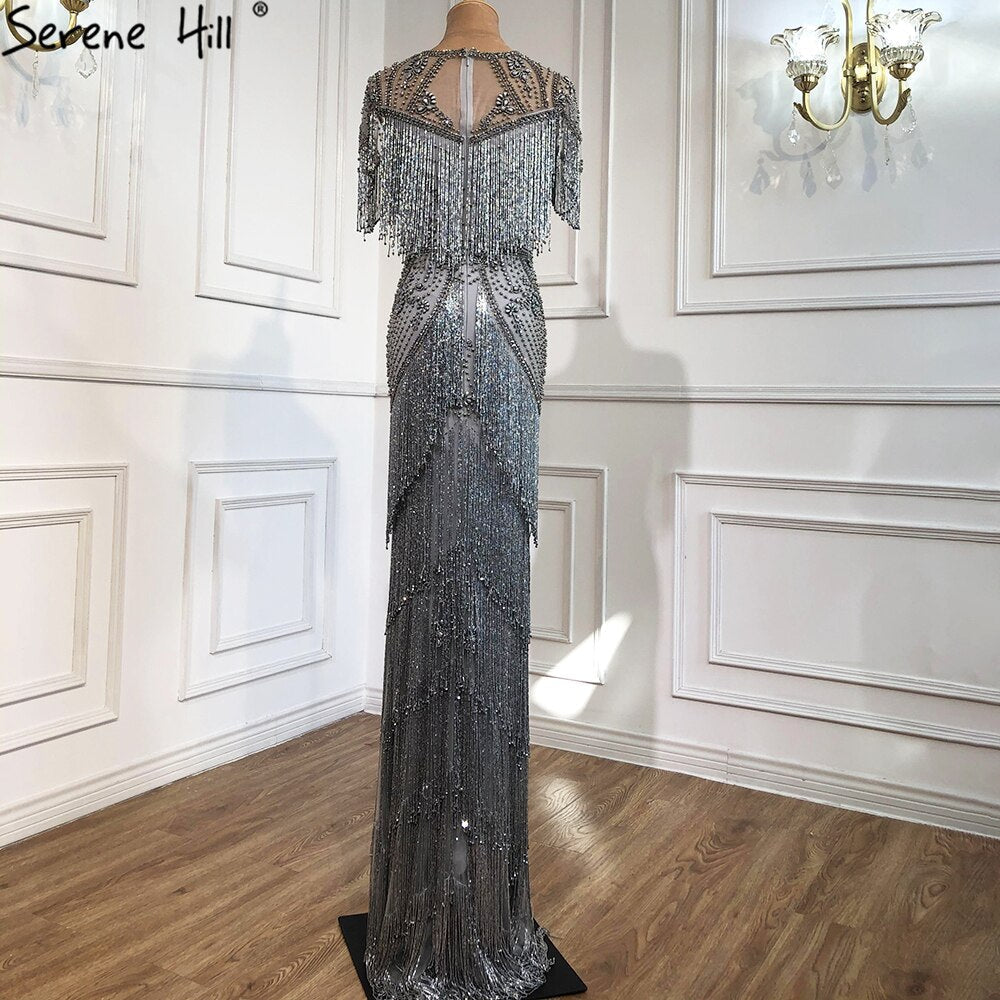 Dubai Grey Luxury Beading Tassel Evening Dresses 2025 Mermaid Short Sleeves Formal Dress LA70275