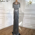 Dubai Grey Luxury Beading Tassel Evening Dresses 2025 Mermaid Short Sleeves Formal Dress LA70275