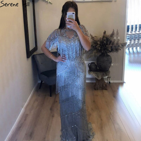 Robe de soirée de luxe grise à pampilles et perles, style sirène, manches courtes, style formel, Dubaï, LA70275, 2025 