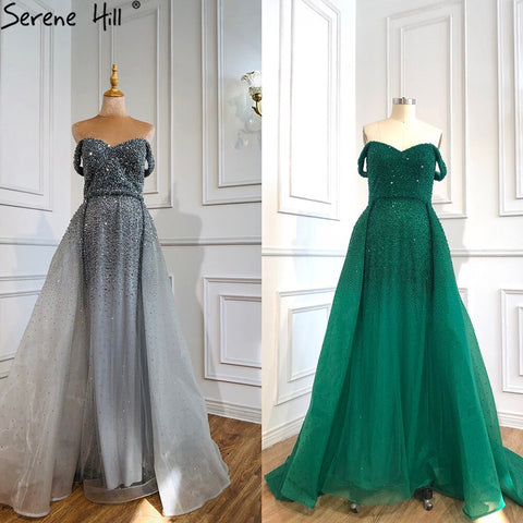 En oferta, sin devoluciones ni reembolsos. Vestidos de noche de lujo sin mangas estilo sirena gris de Dubái, diseño 2025, vestido formal sexy con hombros descubiertos LA70602 