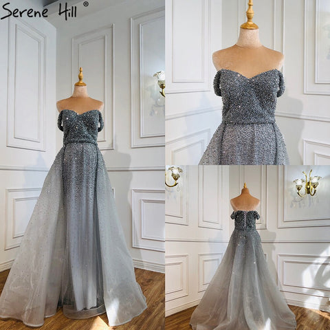 En oferta, sin devoluciones ni reembolsos. Vestidos de noche de lujo sin mangas estilo sirena gris de Dubái, diseño 2025, vestido formal sexy con hombros descubiertos LA70602 