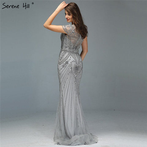 Dubai Grey Mermaid O-Neck Design Evening Dresses Beading Diamond Luxury Cap Sleeve Formal Dress 2025 LA70152