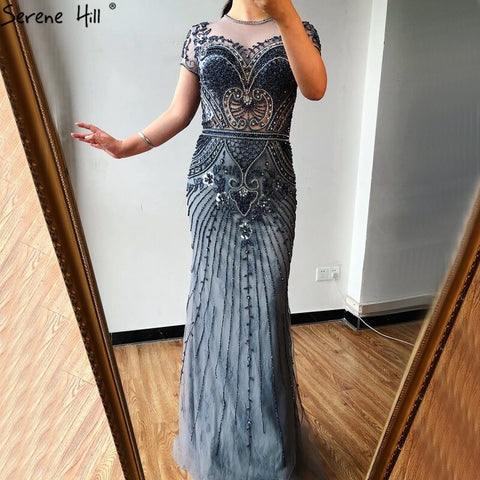 Dubai Grey Mermaid O-Neck Design Evening Dresses Beading Diamond Luxury Cap Sleeve Formal Dress 2025 LA70152