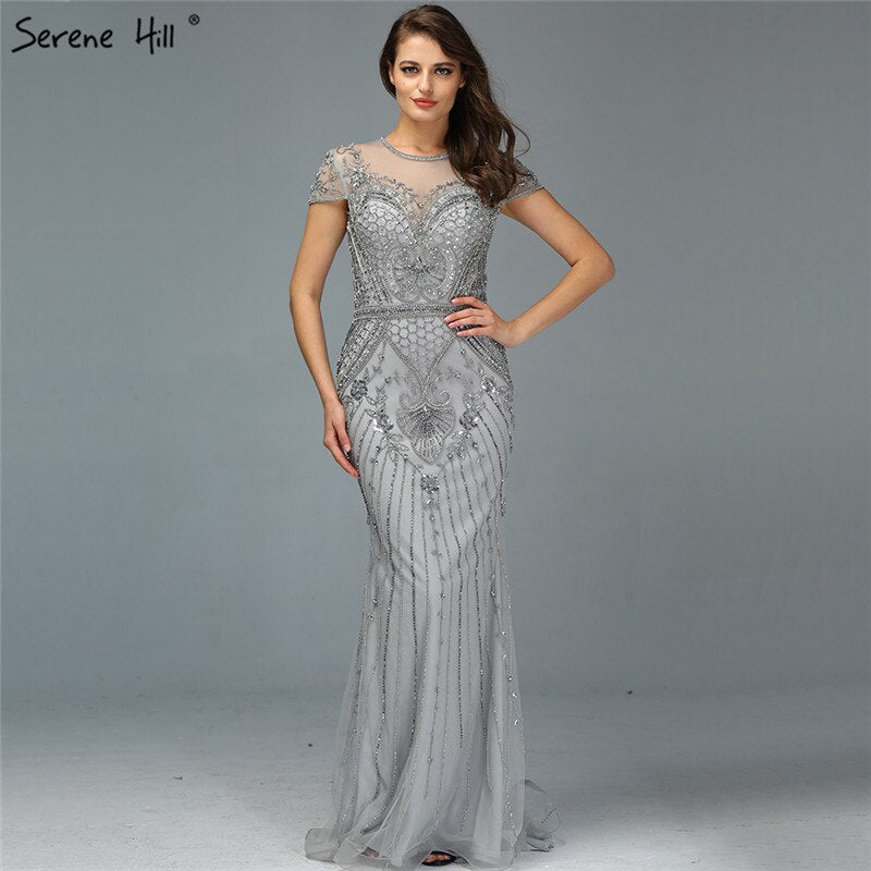 Dubai Grey Mermaid O-Neck Design Evening Dresses Beading Diamond Luxury Cap Sleeve Formal Dress 2025 LA70152