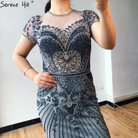 Dubai Grey Mermaid O-Neck Design Evening Dresses Beading Diamond Luxury Cap Sleeve Formal Dress 2025 LA70152