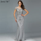 Dubai Grey Mermaid O-Neck Design Evening Dresses Beading Diamond Luxury Cap Sleeve Formal Dress 2025 LA70152