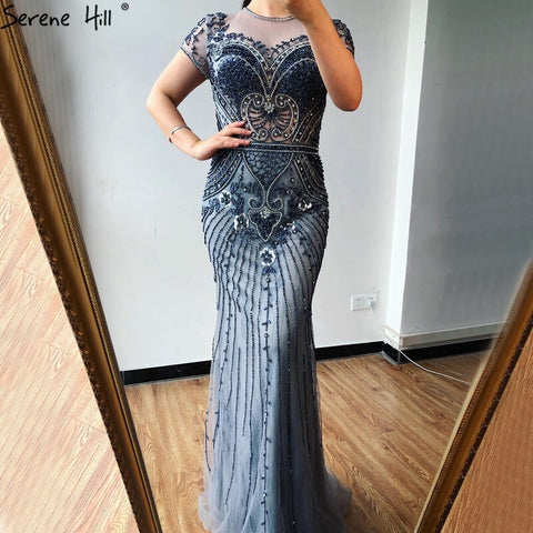 Dubai Grey Mermaid O-Neck Design Evening Dresses Beading Diamond Luxury Cap Sleeve Formal Dress 2025 LA70152