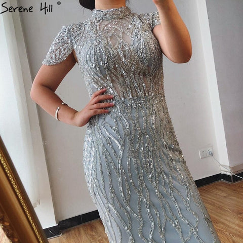 Vestido de noche de sirena gris Dubai de manga corta, vestido formal de lujo con cuentas brillantes 2025 LA70649 