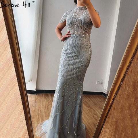 Vestido de noche de sirena gris Dubai de manga corta, vestido formal de lujo con cuentas brillantes 2025 LA70649 