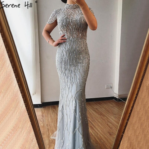 Vestido de noche de sirena gris Dubai de manga corta, vestido formal de lujo con cuentas brillantes 2025 LA70649 