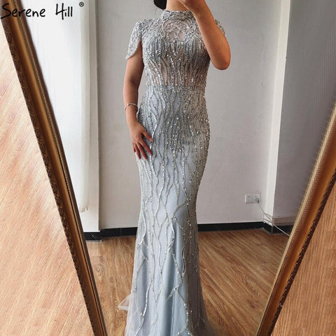 Vestido de noche de sirena gris Dubai de manga corta, vestido formal de lujo con cuentas brillantes 2025 LA70649 