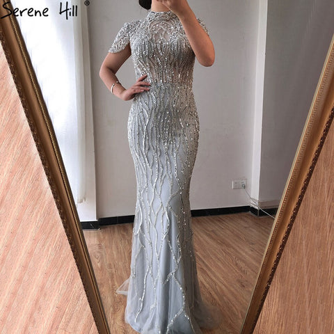 Vestido de noche de sirena gris Dubai de manga corta, vestido formal de lujo con cuentas brillantes 2025 LA70649 