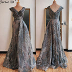 Dubai Grey Mermaid Sleeveless Sexy Evening Dresses 2025 V-Neck Crystal Luxury Evening Gowns 2025 LA70557