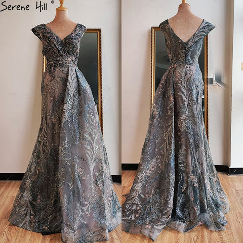 Dubai Grey Mermaid Sleeveless Sexy Evening Dresses 2025 V-Neck Crystal Luxury Evening Gowns 2025 LA70557