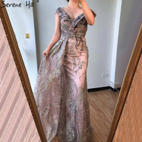 Dubai Grey Mermaid Sleeveless Sexy Evening Dresses 2025 V-Neck Crystal Luxury Evening Gowns 2025 LA70557