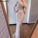 Dubai Grey Nude  Sexy Evening Dresses 2025 Crystal Sleeveless Shawl Yarn Formal LA70382