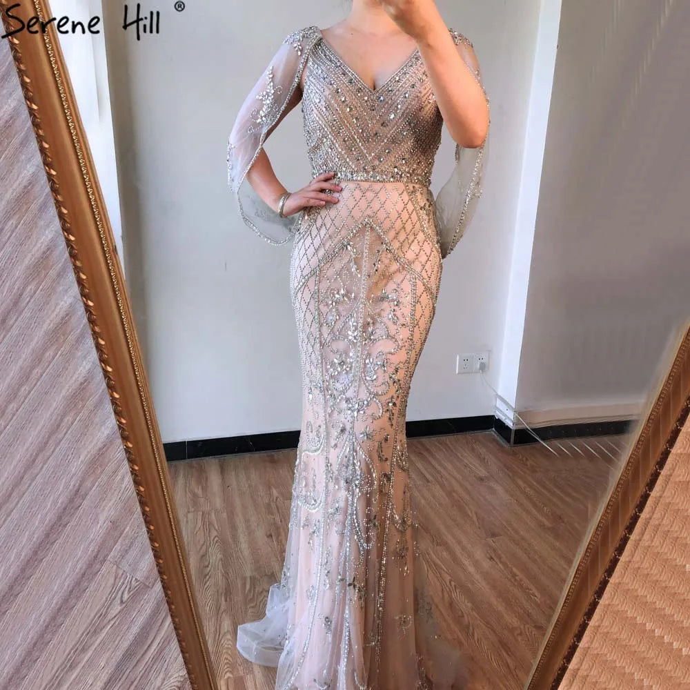 Dubai Grey Nude  Sexy Evening Dresses 2025 Crystal Sleeveless Shawl Yarn Formal LA70382