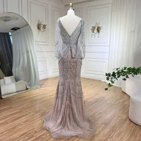 Dubai Grey Nude  Sexy Evening Dresses 2025 Crystal Sleeveless Shawl Yarn Formal LA70382