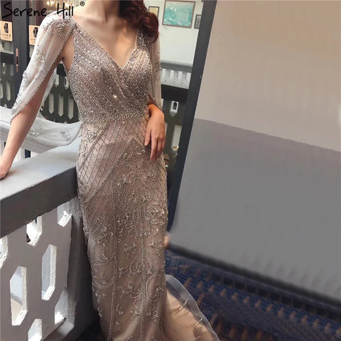 Dubai Grey Nude  Sexy Evening Dresses 2025 Crystal Sleeveless Shawl Yarn Formal LA70382