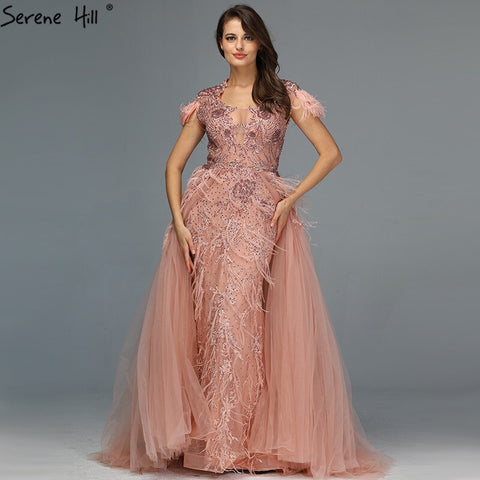 Dubai Grey Sleeveless Tulle Evening Dresses Design 2025 Crystal Feathers Luxury Formal Dress LA70020