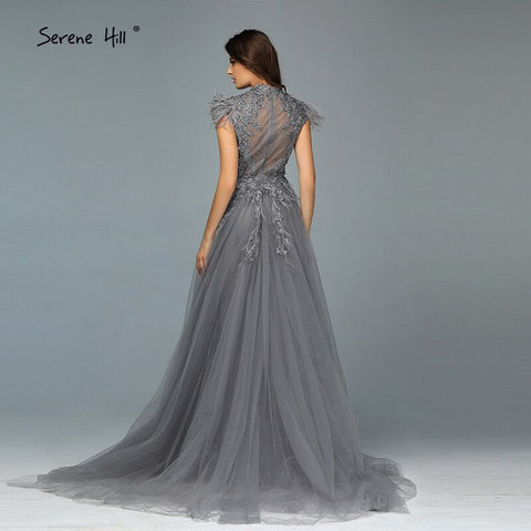 Dubai Grey Sleeveless Tulle Evening Dresses Design 2025 Crystal Feathers Luxury Formal Dress LA70020