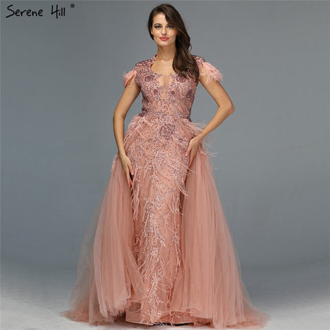 Dubai Grey Sleeveless Tulle Evening Dresses Design 2025 Crystal Feathers Luxury Formal Dress LA70020