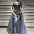 Dubai Grey Sleeveless Tulle Evening Dresses Design 2025 Crystal Feathers Luxury Formal Dress LA70020
