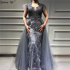 Dubai Grey Sleeveless Tulle Evening Dresses Design 2025 Crystal Feathers Luxury Formal Dress LA70020