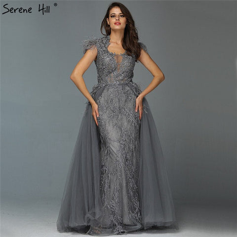 Dubai Grey Sleeveless Tulle Evening Dresses Design 2025 Crystal Feathers Luxury Formal Dress LA70020