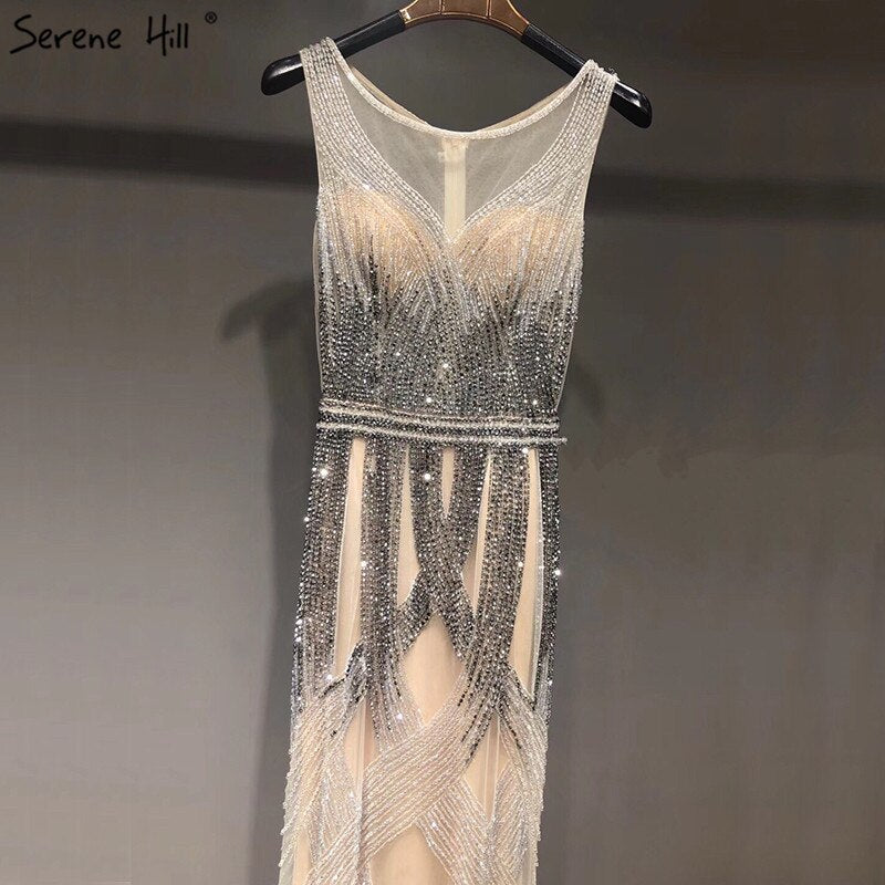 On Sale no return no refundSale Dubai Latest Design Blue Gold Sleeveless Evening Dresses 2025 Beading Sequined Luxury Evening Dress Long Real Photo LA60783