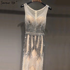 On Sale no return no refundSale Dubai Latest Design Blue Gold Sleeveless Evening Dresses 2025 Beading Sequined Luxury Evening Dress Long Real Photo LA60783