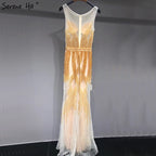 On Sale no return no refundSale Dubai Latest Design Blue Gold Sleeveless Evening Dresses 2025 Beading Sequined Luxury Evening Dress Long Real Photo LA60783
