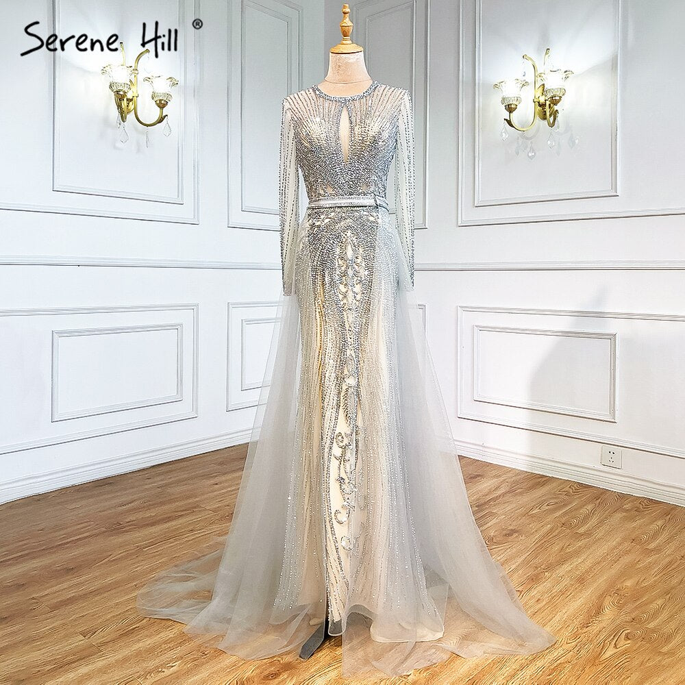 Dubai Long Sleeves Grey Luxury Evening Dresses O-Neck Full Diamond Mermaid Formal Dress 2025 Plus Size LA70116