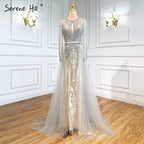 Dubai Long Sleeves Grey Luxury Evening Dresses O-Neck Full Diamond Mermaid Formal Dress 2025 Plus Size LA70116