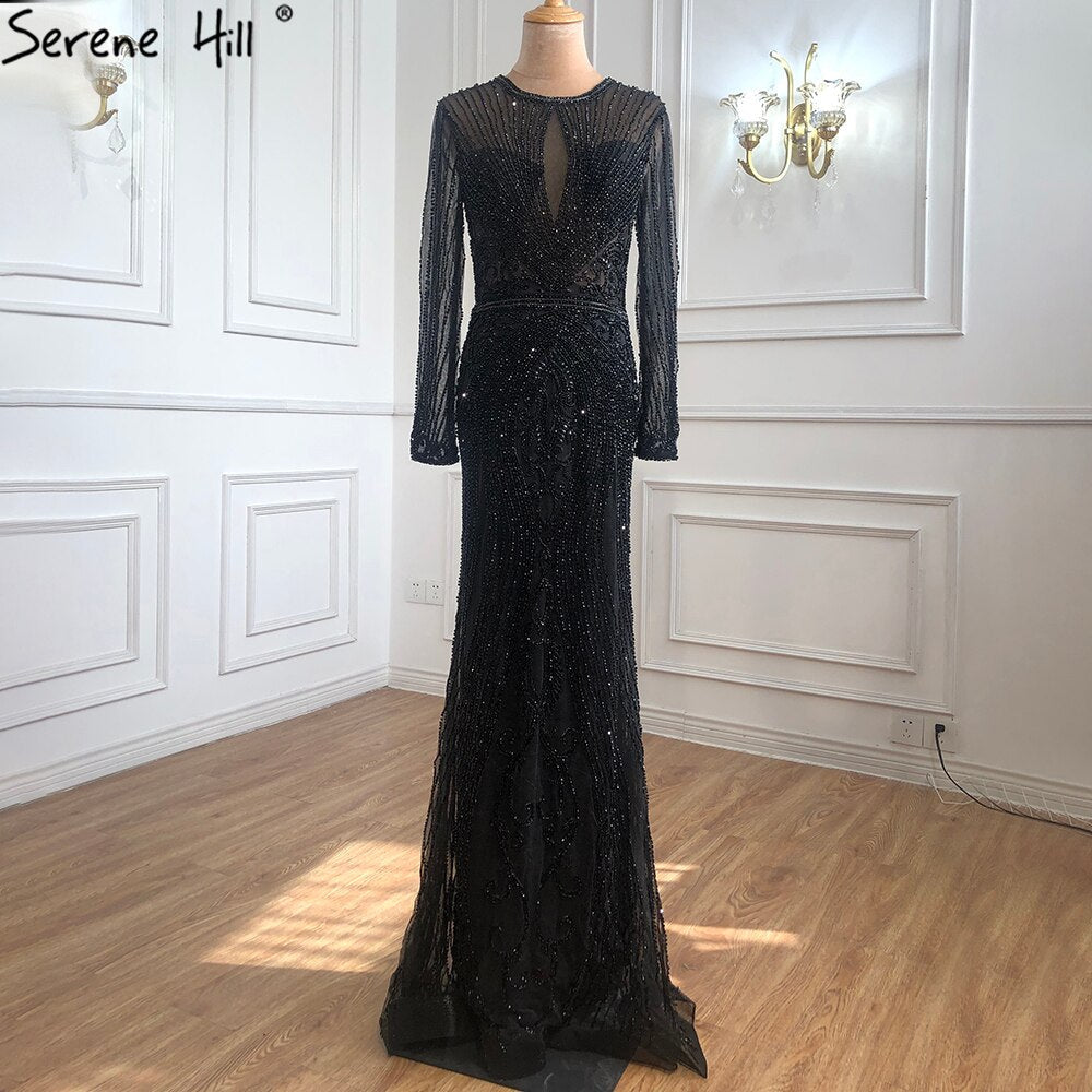 Dubai Long Sleeves Grey Luxury Evening Dresses O-Neck Full Diamond Mermaid Formal Dress 2025 Plus Size LA70116