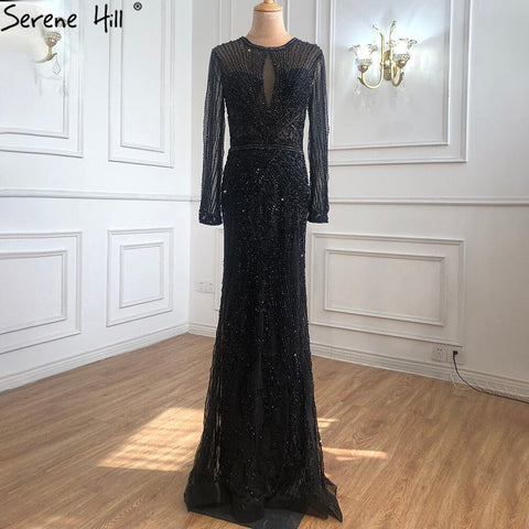 Vestido de noche gris de lujo de manga larga en Dubái, con escote redondo, corte sirena y detalles de diamantes, talla grande 2025 LA70116 