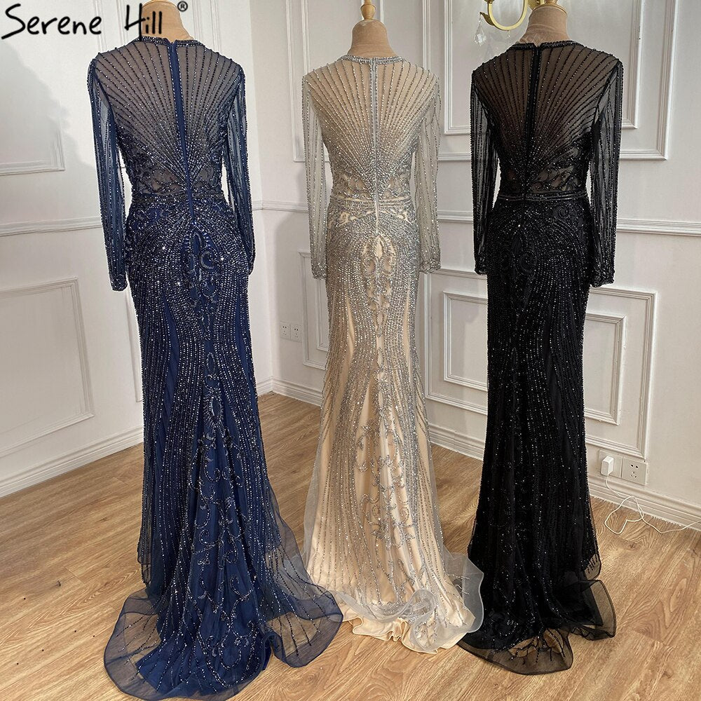 Dubai Long Sleeves Grey Luxury Evening Dresses O-Neck Full Diamond Mermaid Formal Dress 2025 Plus Size LA70116