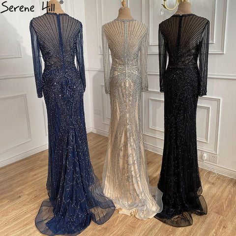 Vestido de noche gris de lujo de manga larga en Dubái, con escote redondo, corte sirena y detalles de diamantes, talla grande 2025 LA70116 